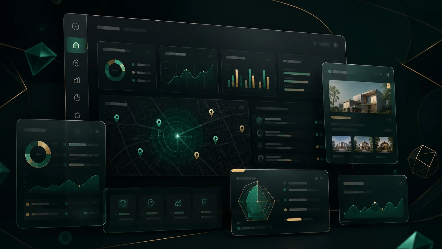 Dashboard de la plataforma TerraVenture AI — analítica de propiedades, gráficos y ficha de propiedad
